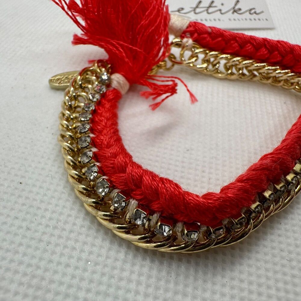 Ettika Red Braided Gold Tone Chain Cubic Zirconia Mixed Clasp Close Bracelet New